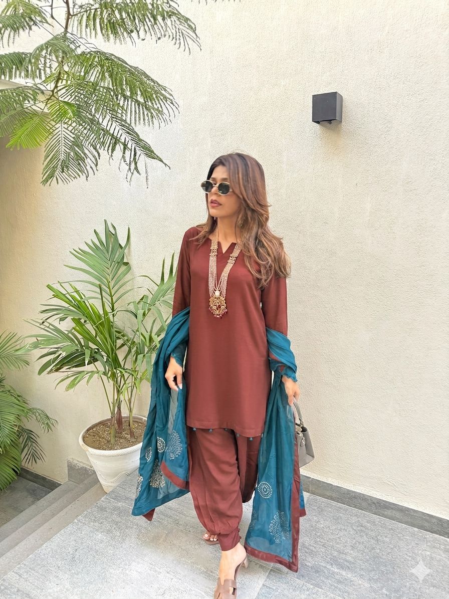 Desert - 3PC Brown Drape Fabric Dress