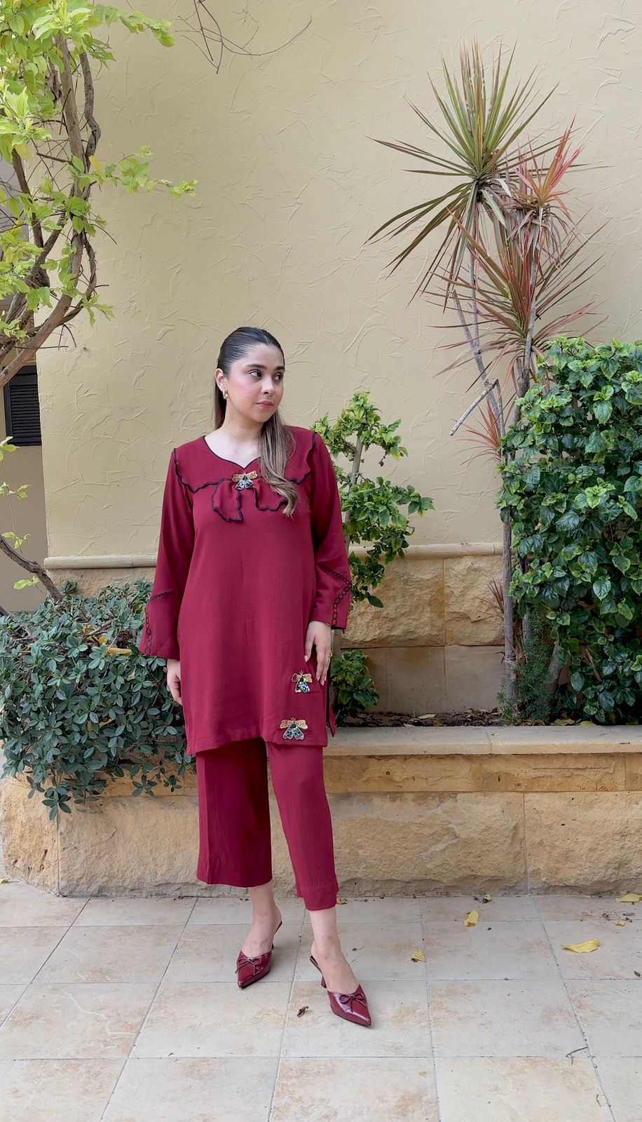 Maroon Wings - 2PC Self Georgette Dress