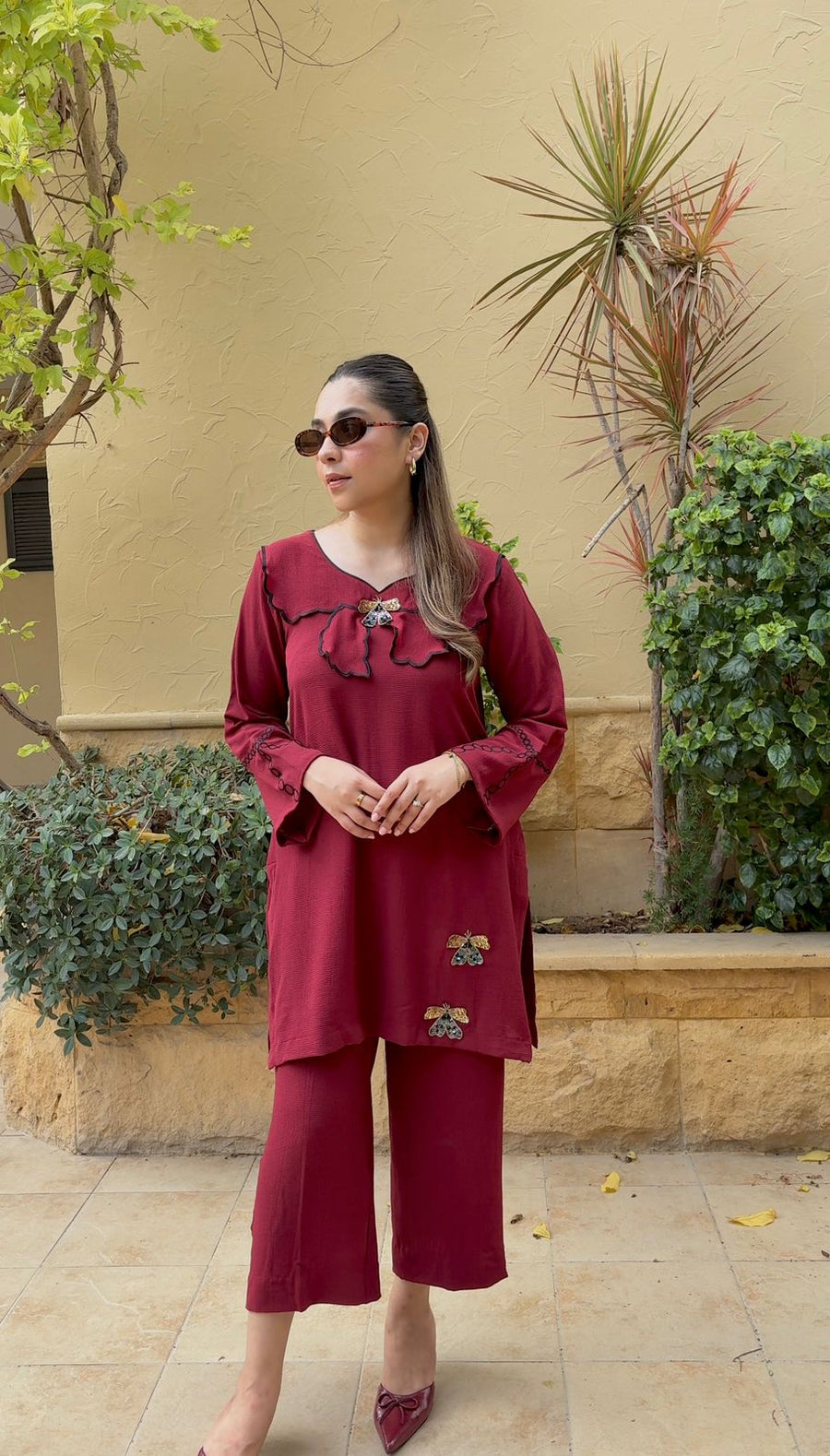 Maroon Wings - 2PC Self Georgette Dress
