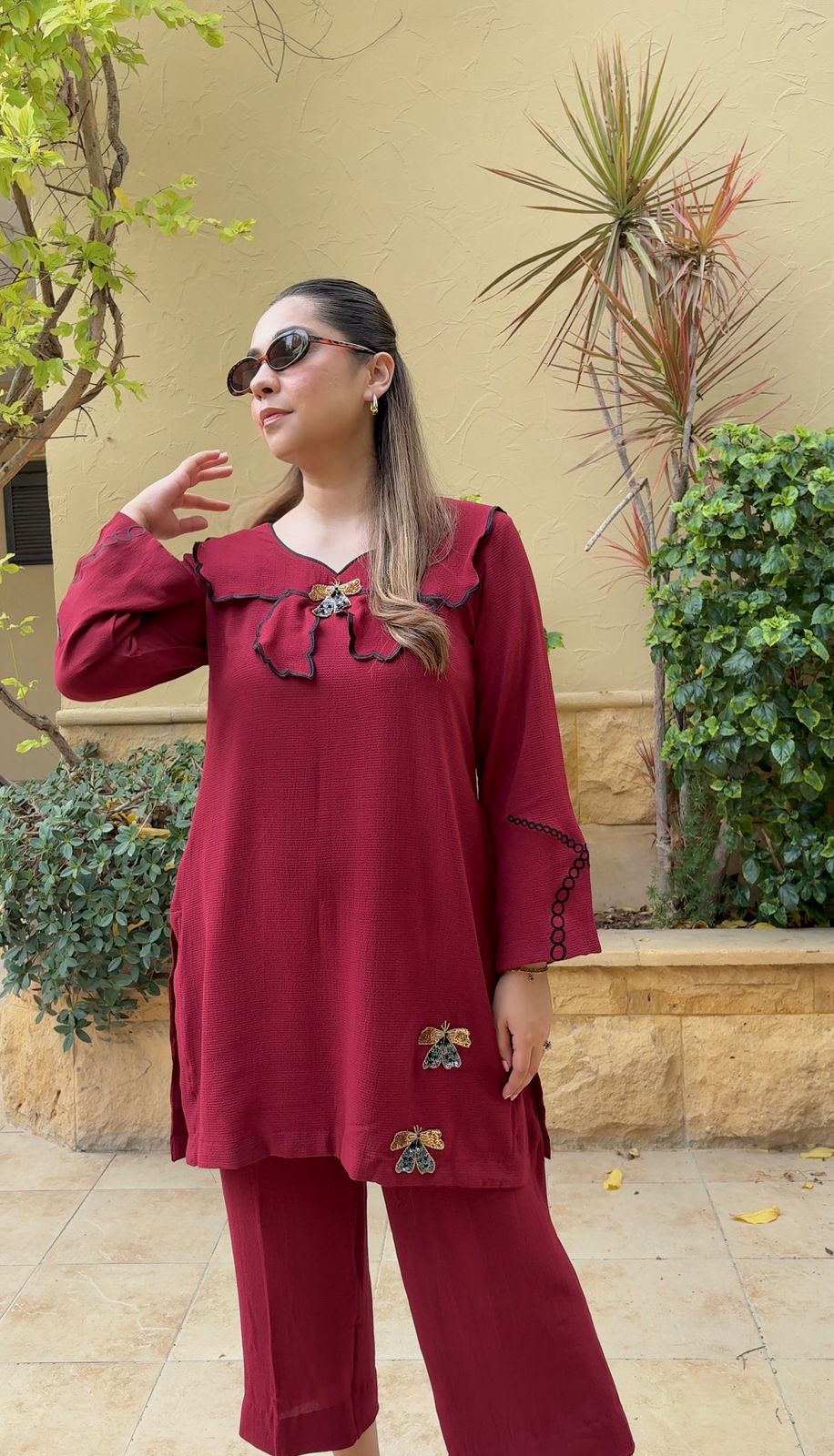 Maroon Wings - 2PC Self Georgette Dress