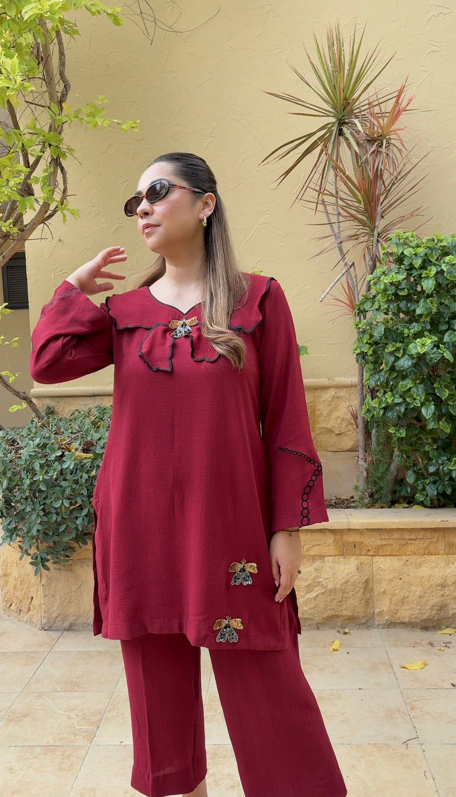 Maroon Wings - 2PC Self Georgette Dress